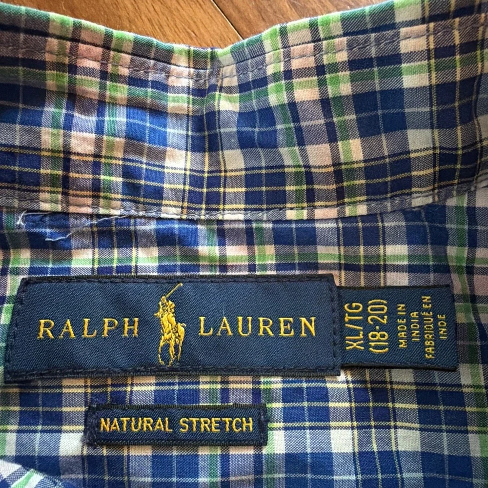 Ralph Lauren Natural Stretch Boys XL 18-20 Blue Green Checked Navy Horse